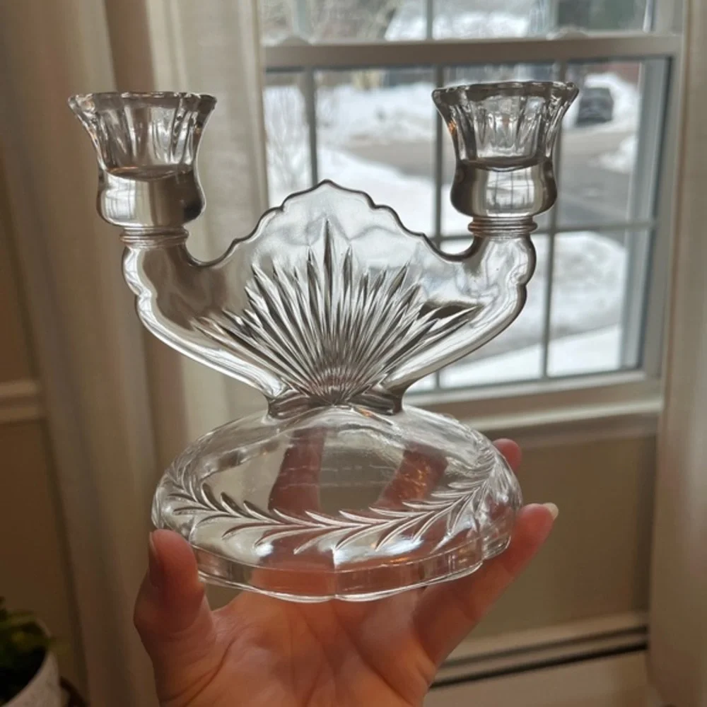 Vintage Clear Jeanette Glass Double Candlestick Sunburst Herringbone Set of Two